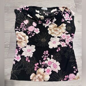 Vintage 90s Carol Rose black pink floral sleeveless cowl neck top, Size M
